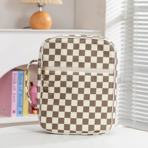 Quilted checkerboard book storage bag in beige and coffee corduroy with carry handle