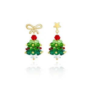 Christmas tree bow and star stud earrings with colorful crystal beads and gold finish