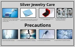 Maintenance guide for silver earrings showing cleaning steps and wearing precautions