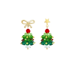 Asymmetric Christmas tree earrings with gold bows, stars and red green crystals