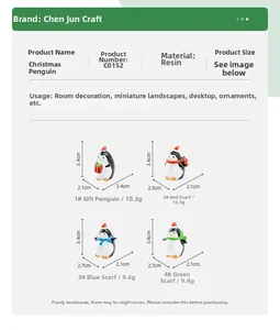 Size chart showing dimensions and weights for four resin Christmas penguin figurines