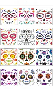 Collection of 12 Halloween Day of the Dead face tattoo stickers with floral sugar skull designs