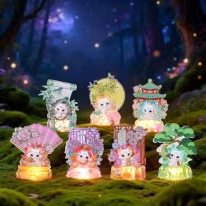 Set of seven mystical white cat night lights with traditional Chinese cultural motifs