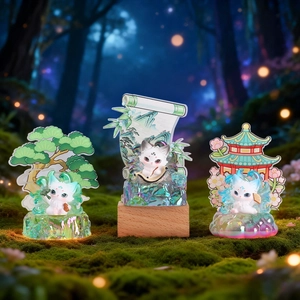 Three cute white Nine-Tailed Fox resin ornaments with mystical forest background scenery