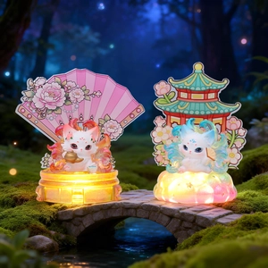 Mythical nine-tailed fox LED desk ornament with glowing base and ancient scenic background