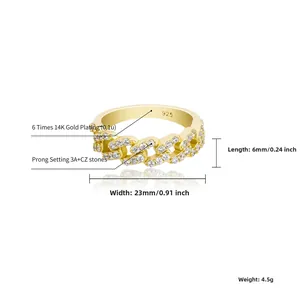Detailed macro of 925 sterling silver cuban link ring with AAA zircon and 14K gold plating