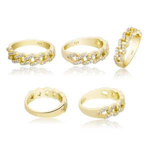 Detailed views of gold Cuban link ring with 925 silver stamp and pavé cubic zirconia