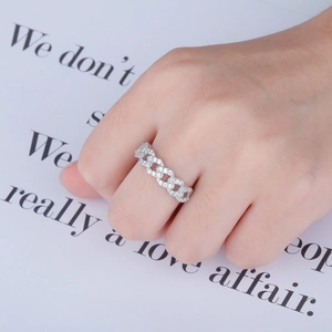 Modern 925 sterling silver Cuban link ring with full cubic zirconia stones on fingers