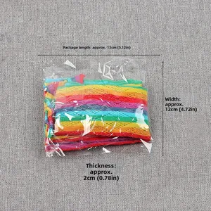 Rainbow mesh glove packaging detail showing dimensions of 13cm length and 12cm width