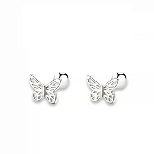 Macro detail of hollow butterfly 925 silver stud earrings with round screw back closure