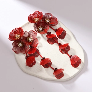 Exquisite long red floral tassel earrings with sparkling crystals for elegant vacation wear