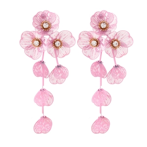 Pink metal mesh flower drop earrings with white rhinestone center and long tassels