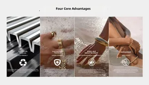 Collage showing 18K gold plated stainless steel jewelry with waterproof and anti-tarnish features