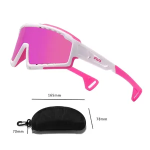 Pink mirrored sports sunglasses with white frame and black hard case accessory