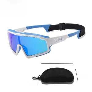 Detail of blue sports goggles with adjustable strap and protective hard zipper case