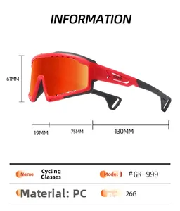 Detailed dimensions of PC sports cycling sunglasses with red and black frame