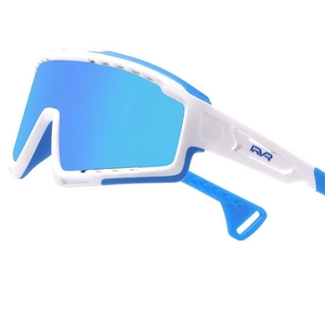 Professional white and blue sports cycling sunglasses with integrated blue mirror lens