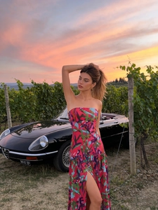 Floral strapless high-slit maxi dress in vibrant rose pink for summer party and vacation