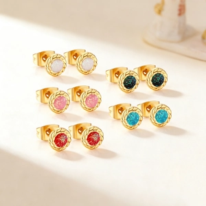Stainless Steel Round Glitter Stud Earrings Rhinestone Sparkly Geometric Multi-color Earrings For Women 18K Gold Plated Jewelry