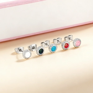 Set of five colorful glitter enamel stud earrings in polished 18K gold plated steel
