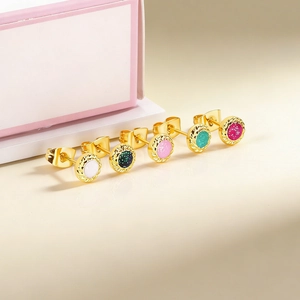 Five pairs of colorful glitter round stud earrings with 18K gold plated rope borders