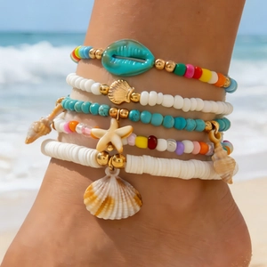 Parure de Chaînes de Cheville Bohème Coquillage Étoile de Mer pour Femmes Plage Été Vacances Bijoux de Pied Faits Main