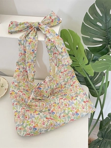 Floral print canvas tote bag with bow shoulder strap for summer beach vacation