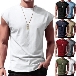 Men Tank Top Polyester Knitted Round Neck Solid Color Muscle Fit Sleeveless T Shirt Summer Gym Casual