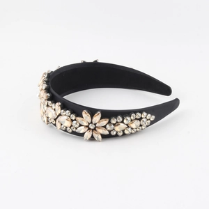 Baroque wide headband with champagne rhinestones and floral crystal decor on black base