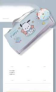 Detail of light blue Pochacco pencil case with smooth zipper and donut charm pendant