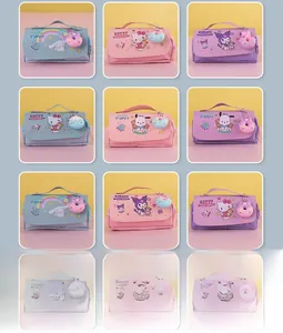 Macro detail of various Sanrio characters printed on durable Oxford cloth pencil cases