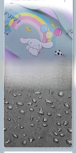 Detail of blue Cinnamoroll pouch showing waterproof Oxford cloth with water droplets