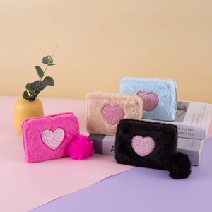 Cute Plush Heart Coin Purse With Pom Pom Keychain Sequin Heart Faux Fur Small Storage Bag For Women Girls Mini Wallet