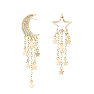 Gold asymmetric star and moon tassel earrings with sparkling crystals for women