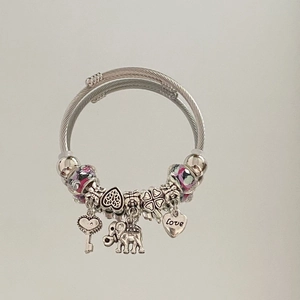 Detail of silver beaded bracelet with heart, elephant, clover charms and purple glass beads