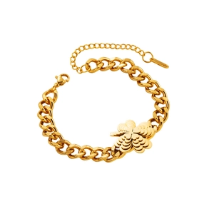 Gold titanium steel curb chain bracelet with lucky clover charm for a stylish look