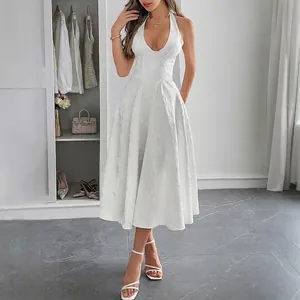 Vestito Allacciato Al Collo Scollo V Profondo Schiena Scoperta Jacquard Elegante Linea A Midi Donna Sera