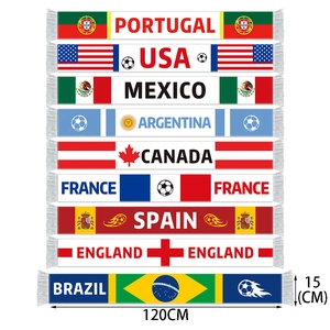 Soccer fan scarves with various country flags and white tassels, size 120cm x 15cm