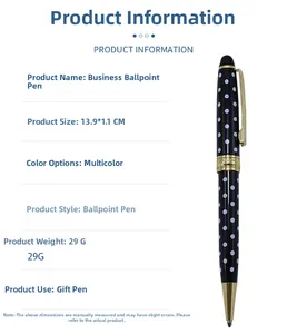 Detail view of a black metal business ballpoint pen with white dots, size 13.9x1.1CM