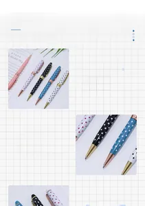 Detailed view of twist-mechanism ballpoint pens with stylish polka dot patterns and gold metal clips