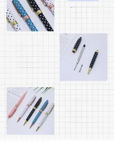 Detailed close-up of metallic polka dot pens showing polished clip and disassembled parts