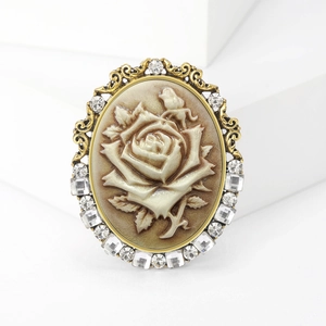 Vintage oval rose brooch with gold镂空 frame and sparkling crystal rhinestones decor