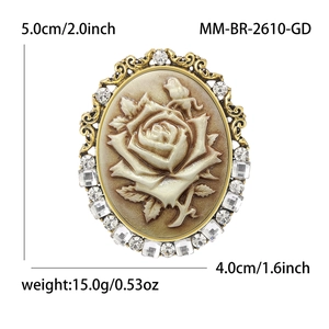 Vintage palace style rose relief brooch with crystals, size 5.0cm x 4.0cm dimensions