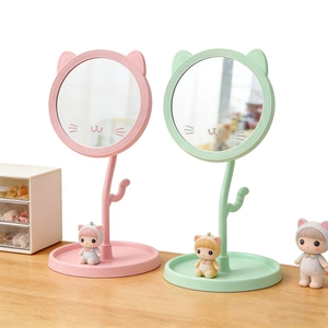 Cute Cat Ear Desktop Makeup Mirror With Jewelry Storage Tray And Jewelry Post Hooks For Bedroom Dorm Dressing Table Plastic Mirror
