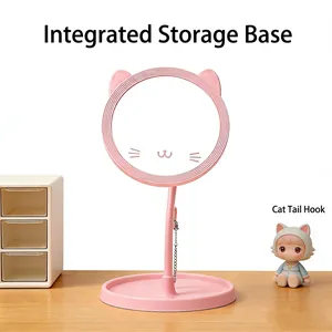 Pink cartoon cat-ear desktop vanity mirror with storage base and hook for jewelry