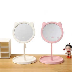 Cute cartoon cat ear desktop makeup mirror with jewelry storage tray in white and pink