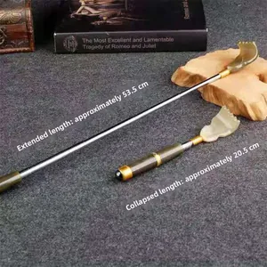 Extendable stainless steel back scratcher showing both retracted and extended lengths