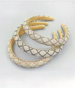 Macro detail of rhinestone headbands featuring diamond lattice patterns and non-slip lining