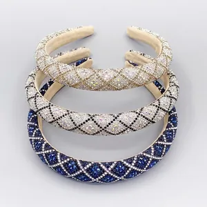 Three padded rhinestone headbands featuring elegant diamond lattice patterns for women