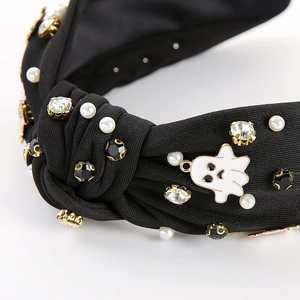 Halloween ghost knot headband with rhinestones and pearls on black fabric for women
